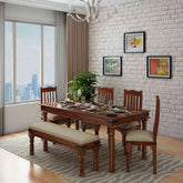 Ajmer Solid Sheesham Wood 6 Seater Dining Set With Bench (With Cushion, Natural Finish)